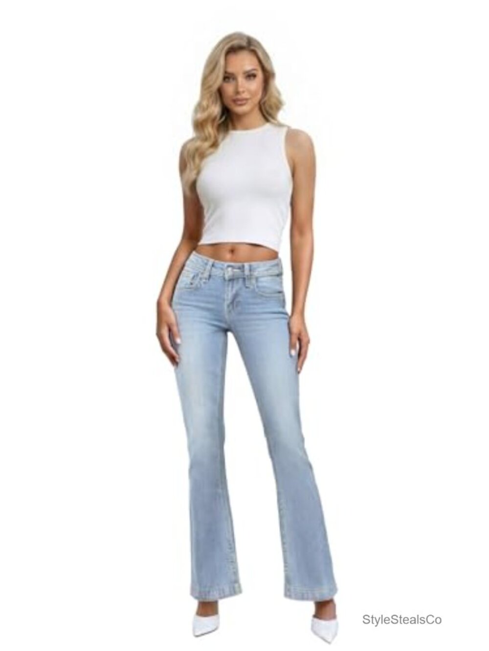 Womens Flare Denim Jeans High Stretch Slim Fit 5-Pocket Mid Rise